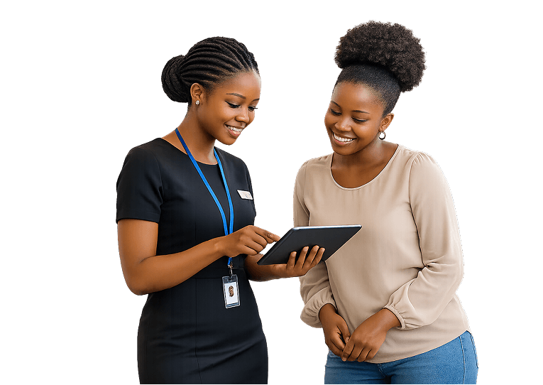 Two members reviewing information on a tablet